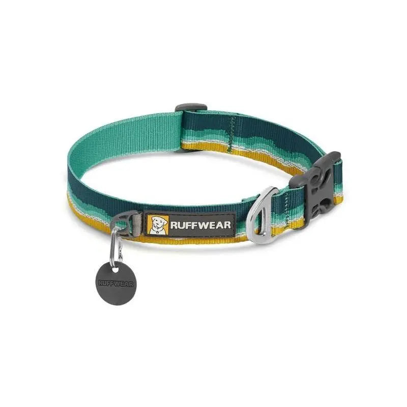 Ruffwear dog collar in teal and yellow, featuring adjustable strap and durable buckle for pet safety.