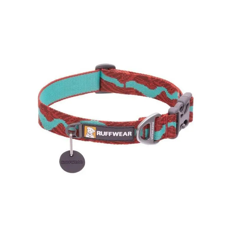 Ruffwear dog collar in red and turquoise with adjustable buckle and tag for pet identification.