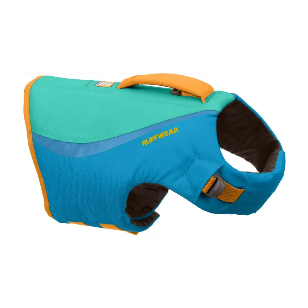 Ruffwear dog life jacket in vibrant blue and orange, designed for safety and comfort in water activities.