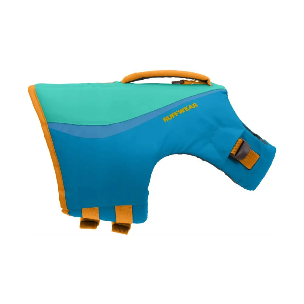 Dog life jacket in vibrant blue and green, designed for safety during water activities.