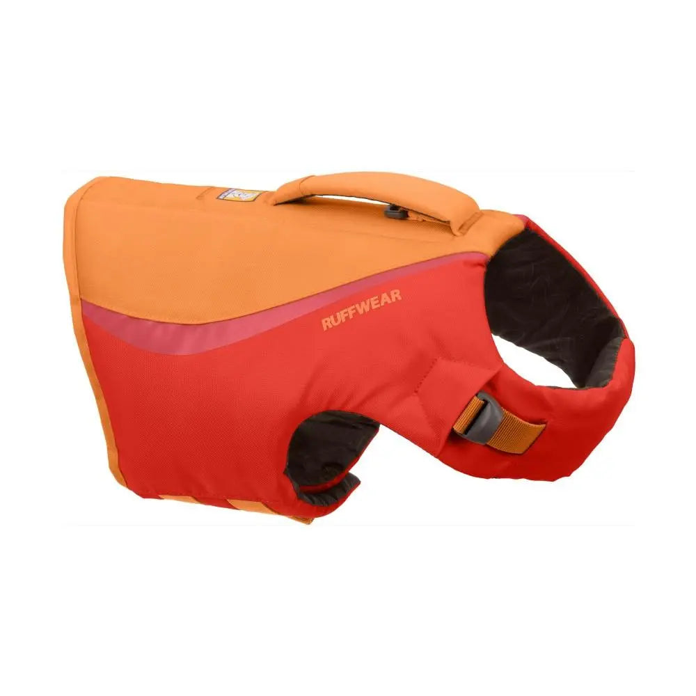 Ruffwear dog life jacket in orange and red, designed for safety and buoyancy during water activities.