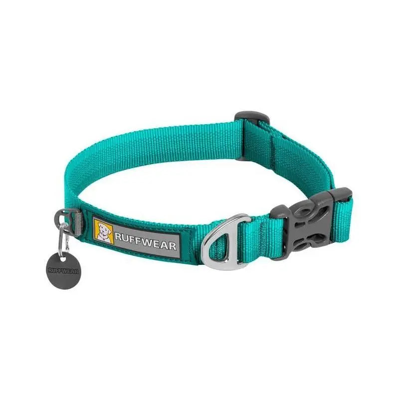 Ruffwear adjustable dog collar in teal, featuring a durable buckle and tag attachment.