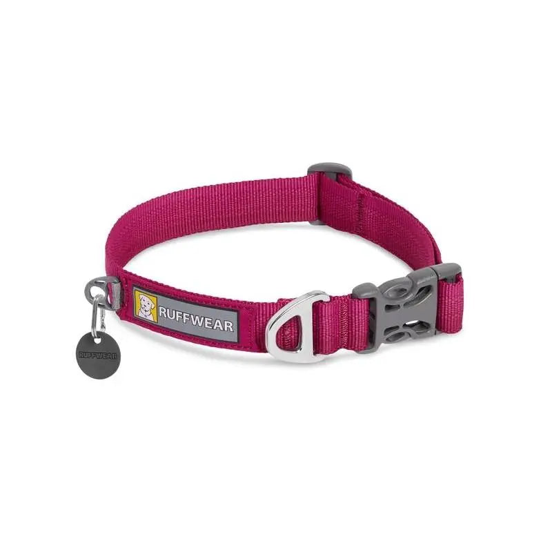 Ruffwear dog collar in vibrant magenta, featuring a durable buckle and adjustable strap for comfort.