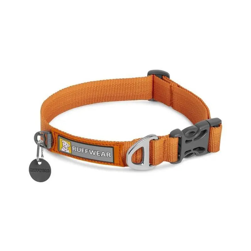 Durable orange dog collar from Ruffwear, designed for comfort and style during outdoor adventures.