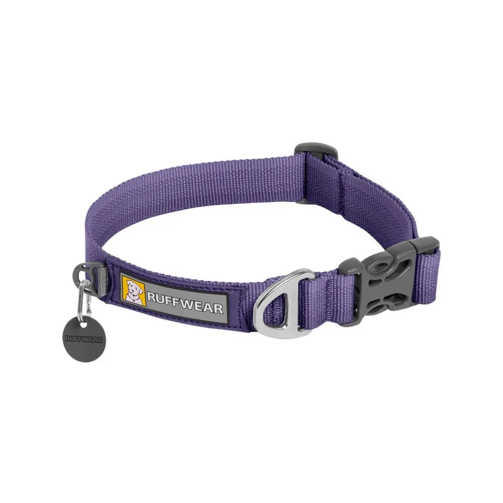 Purple dog collar by Ruffwear, featuring adjustable strap and durable buckle for secure fit.