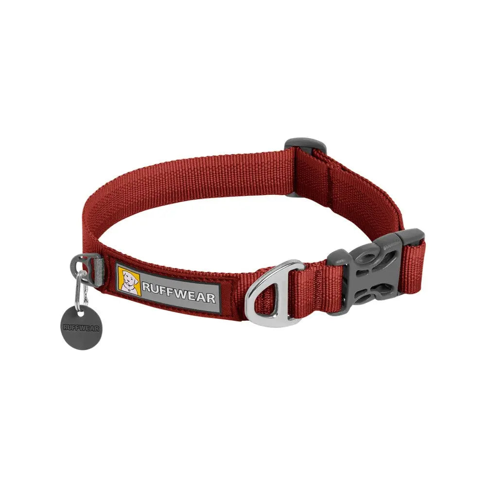 Ruffwear dog collar in red, featuring durable materials and adjustable fit for comfort and safety.
