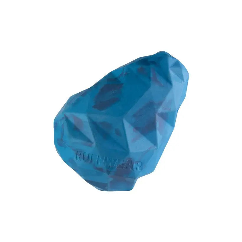 Blue rock-shaped dog toy made from durable rubber for interactive play and chewing.