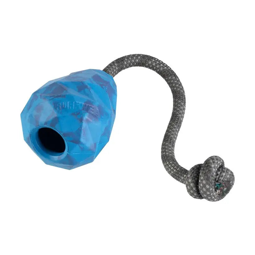Durable blue dog toy with a textured surface and attached rope for interactive play.