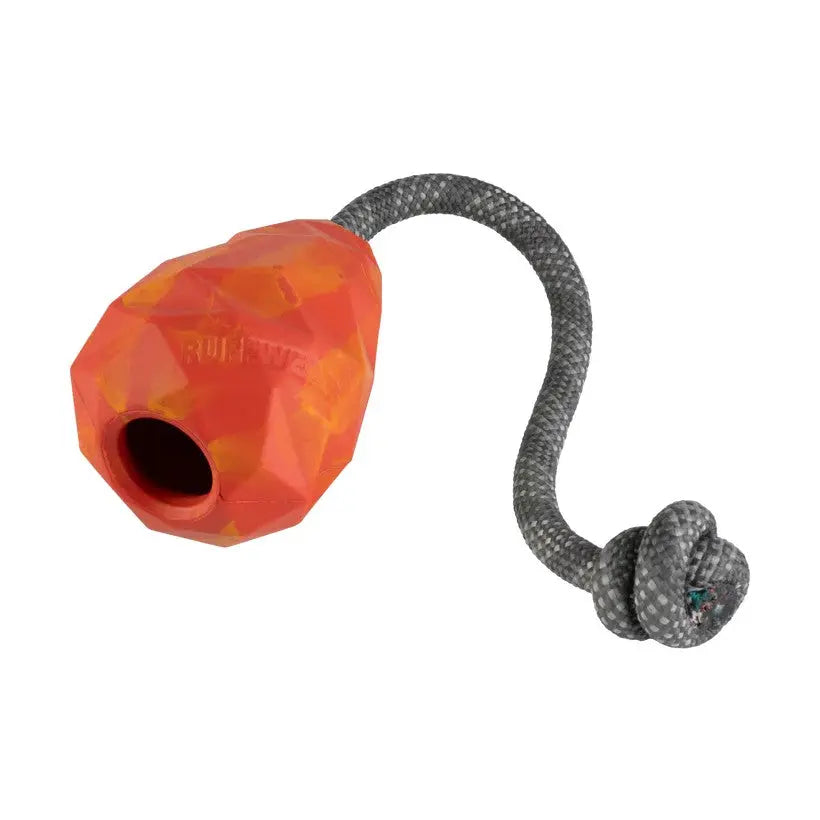 Durable rubber dog toy with a rope for interactive play and chewing.
