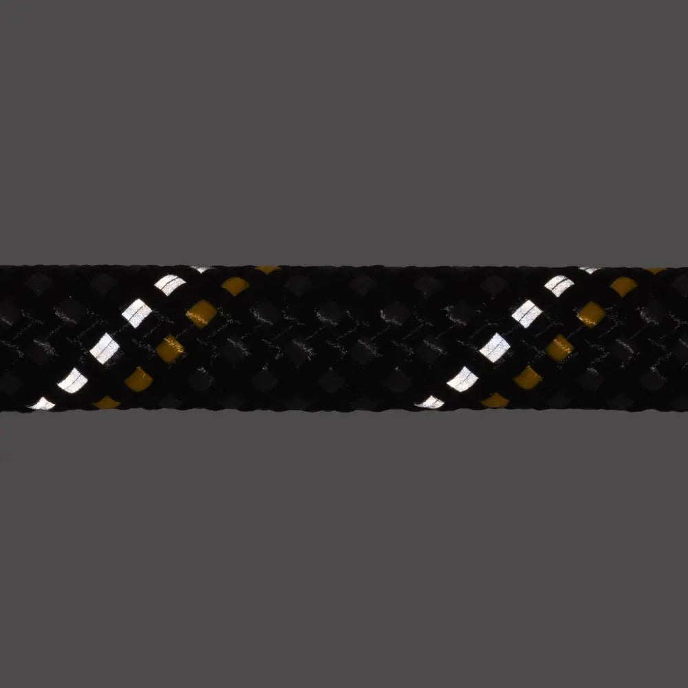 Durable black and yellow braided rope with reflective accents for enhanced visibility and strength.