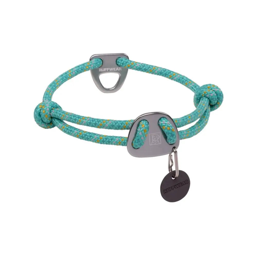 Ruffwear dog collar in turquoise, featuring durable rope design and secure metal hardware.