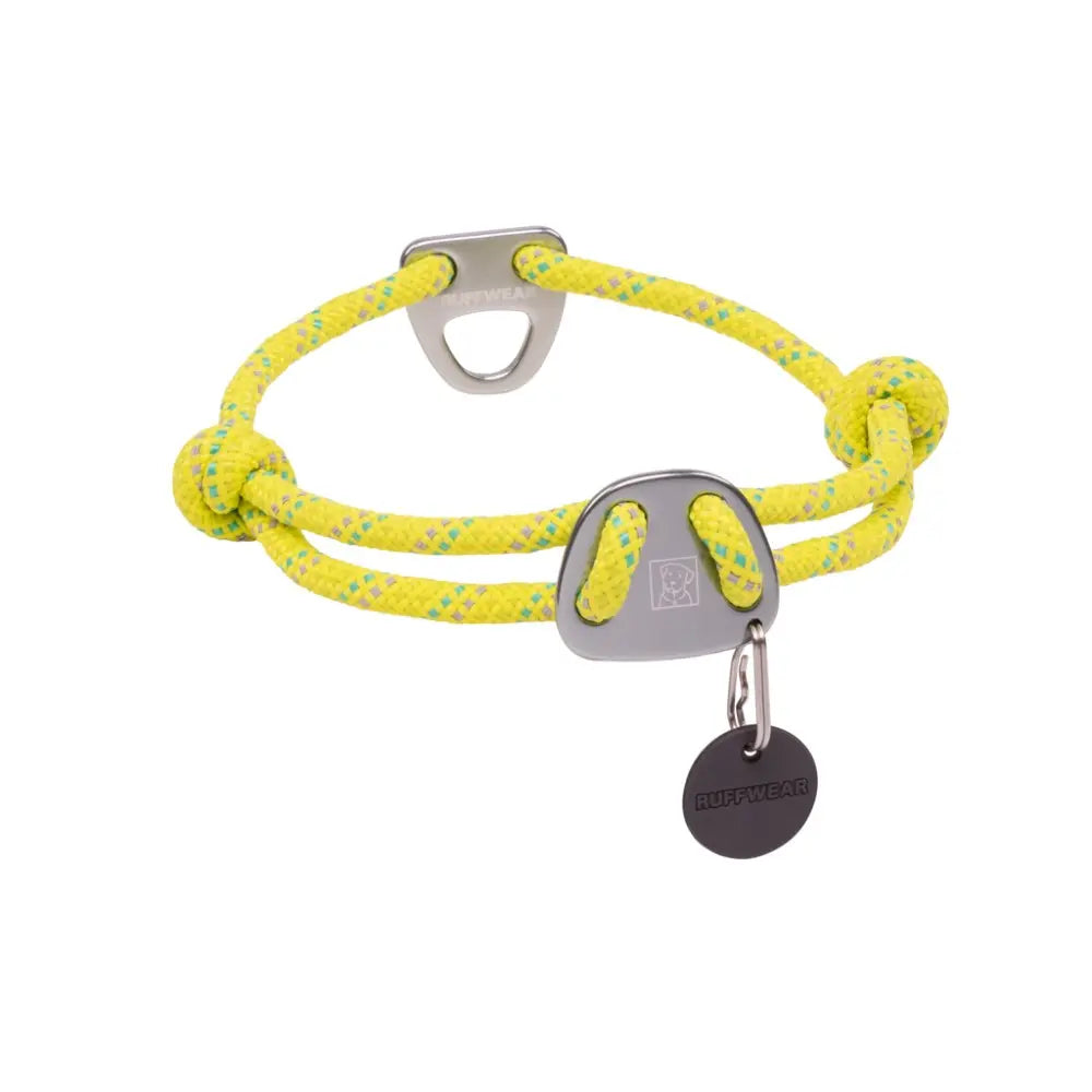 Durable yellow dog collar made from rope with a secure metal clasp and tag for identification.