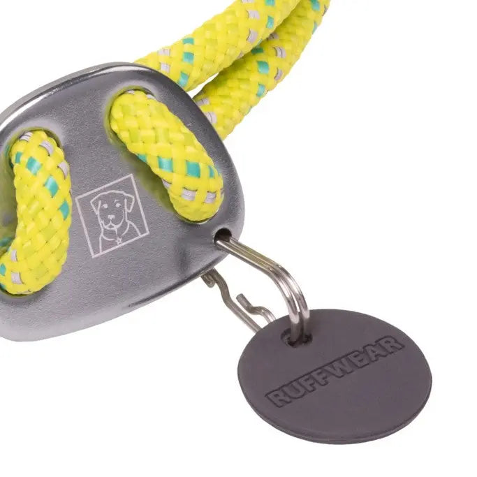 Durable dog leash clip with bright yellow and blue braided rope for secure outdoor adventures.
