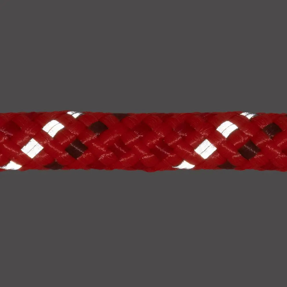 Red reflective climbing rope with a braided texture for enhanced grip and safety.