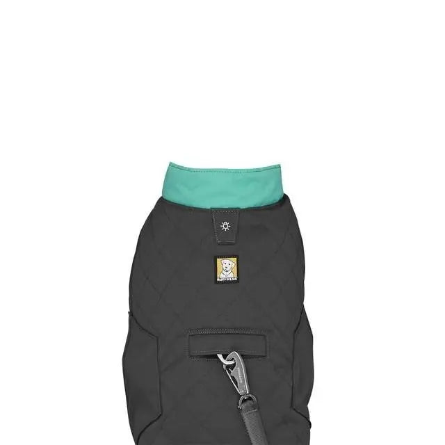 Stylish dog jacket with a quilted design and a teal collar for warmth and comfort.