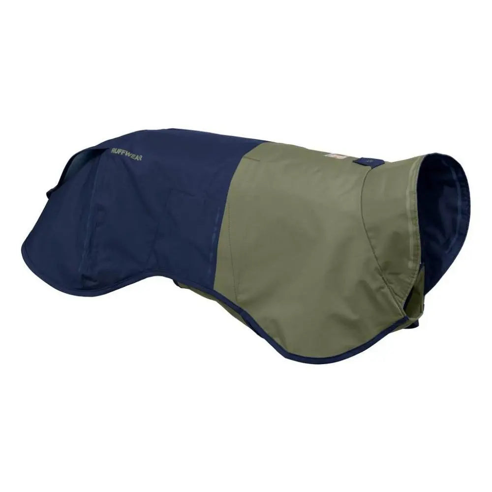 Dog raincoat in navy and green, designed for outdoor protection and comfort.