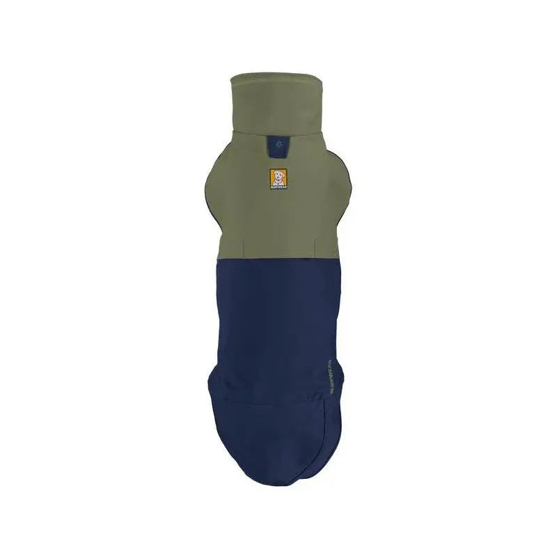 Dog jacket in olive green and navy blue, designed for warmth and comfort during outdoor activities.