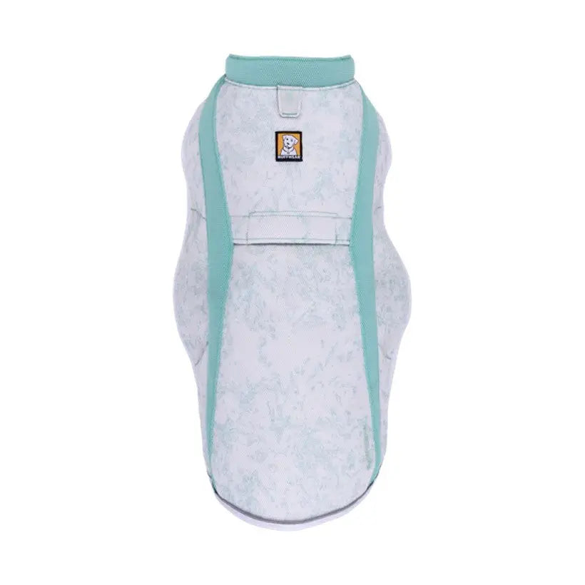 Dog harness in mint green with floral design, perfect for comfortable walks and secure fit.