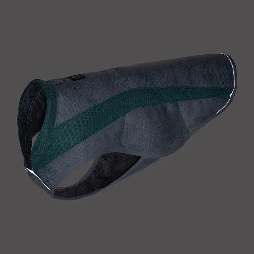 Stylish dog vest in dark gray with green accents for comfort and warmth.