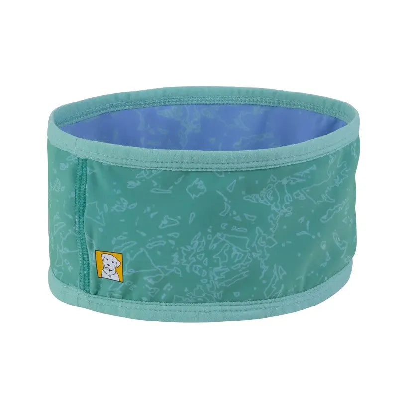 Dog cooling bandana in teal with a stylish pattern for summer comfort and heat relief.