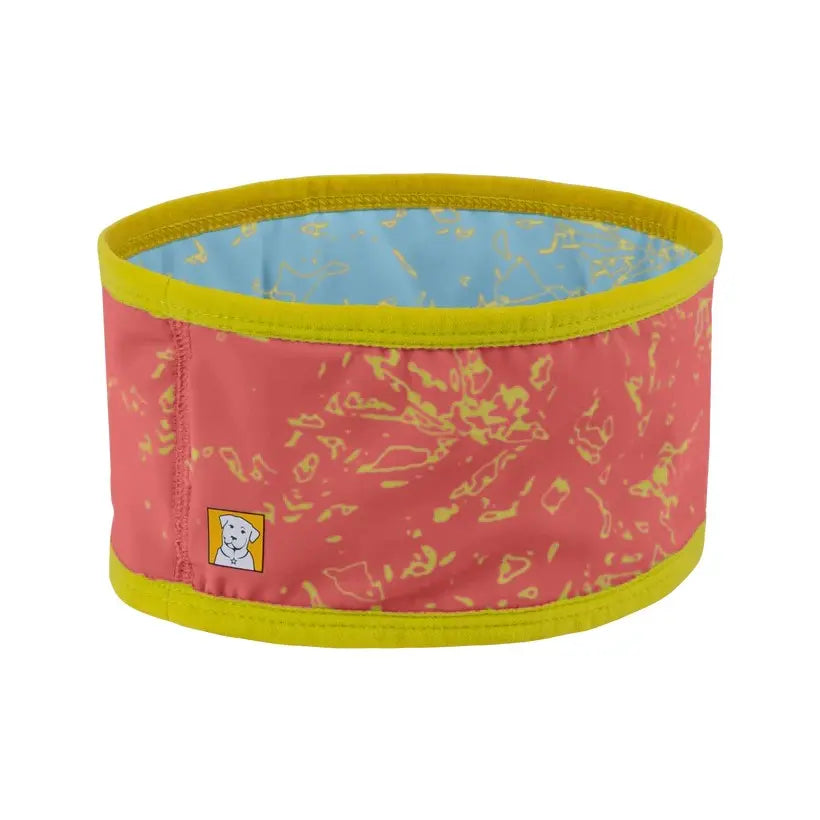Colorful dog bandana with a vibrant design and yellow trim for stylish pet accessories.