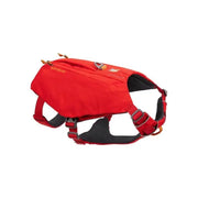 Red dog harness with adjustable straps for comfort and secure fit during outdoor adventures.