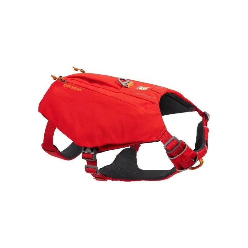 Red dog harness with adjustable straps for comfort and secure fit during outdoor adventures.