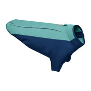Dog wetsuit in teal and navy, designed for warmth and protection during water activities.