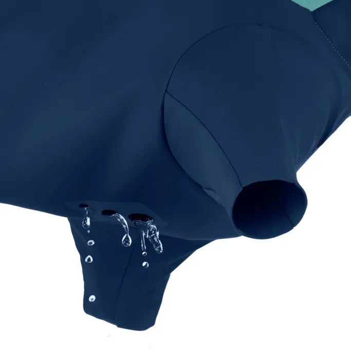 Waterproof jacket detail showcasing a blue fabric with water droplets and ventilation openings.