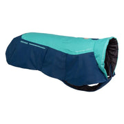 Dog jacket in teal and navy, designed for warmth and comfort during outdoor activities.