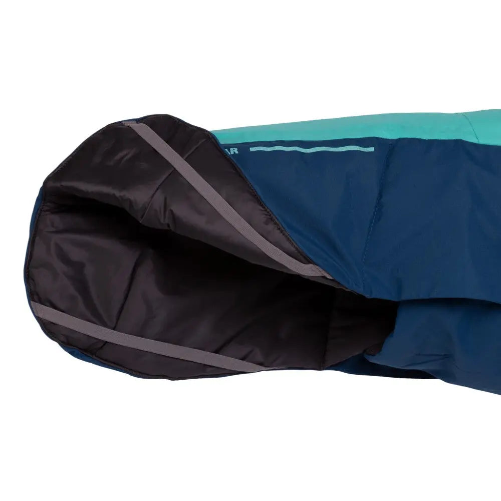 Colorful sleeping bag with a spacious hood and insulated lining for outdoor comfort.
