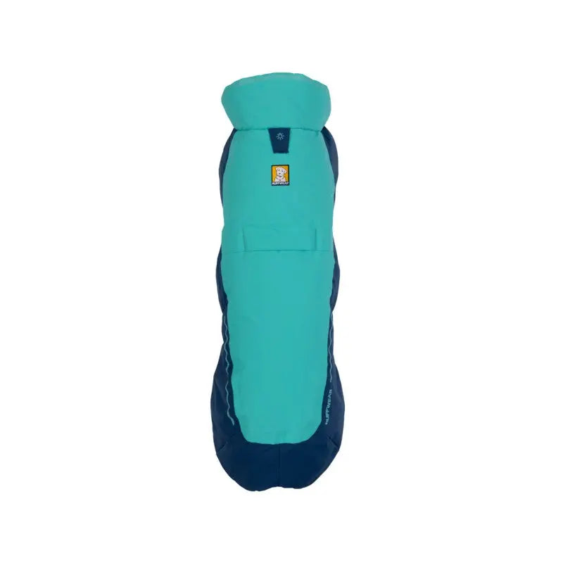 Dog sleeping bag in teal and navy, designed for comfort and warmth during outdoor adventures.