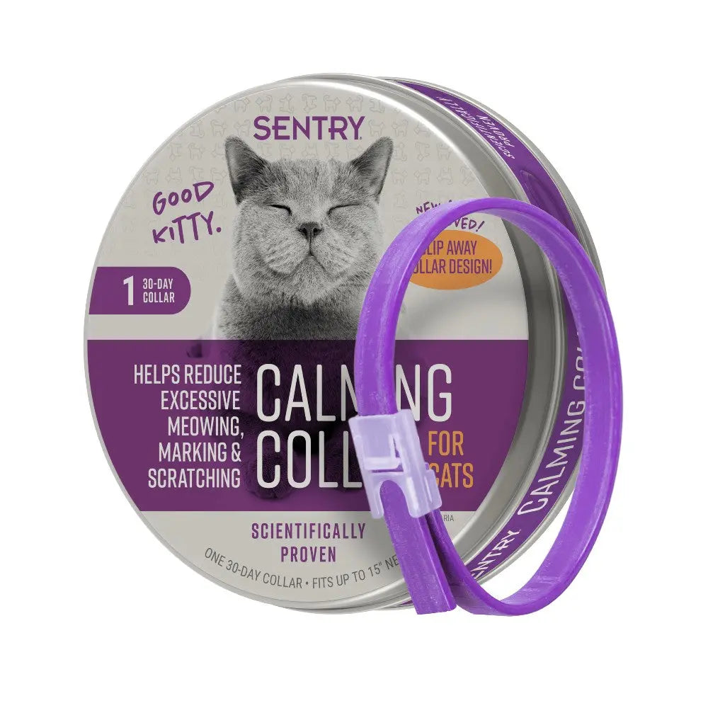 Calming collar for cats in a purple design, packaged in a round tin with a cat image and usage instructions.