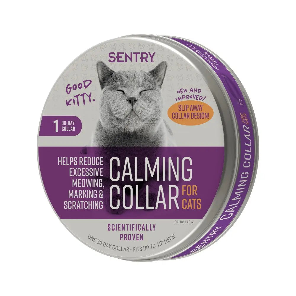 Sentry calming collar for cats, reduces meowing and scratching, fits necks up to 15 inches.