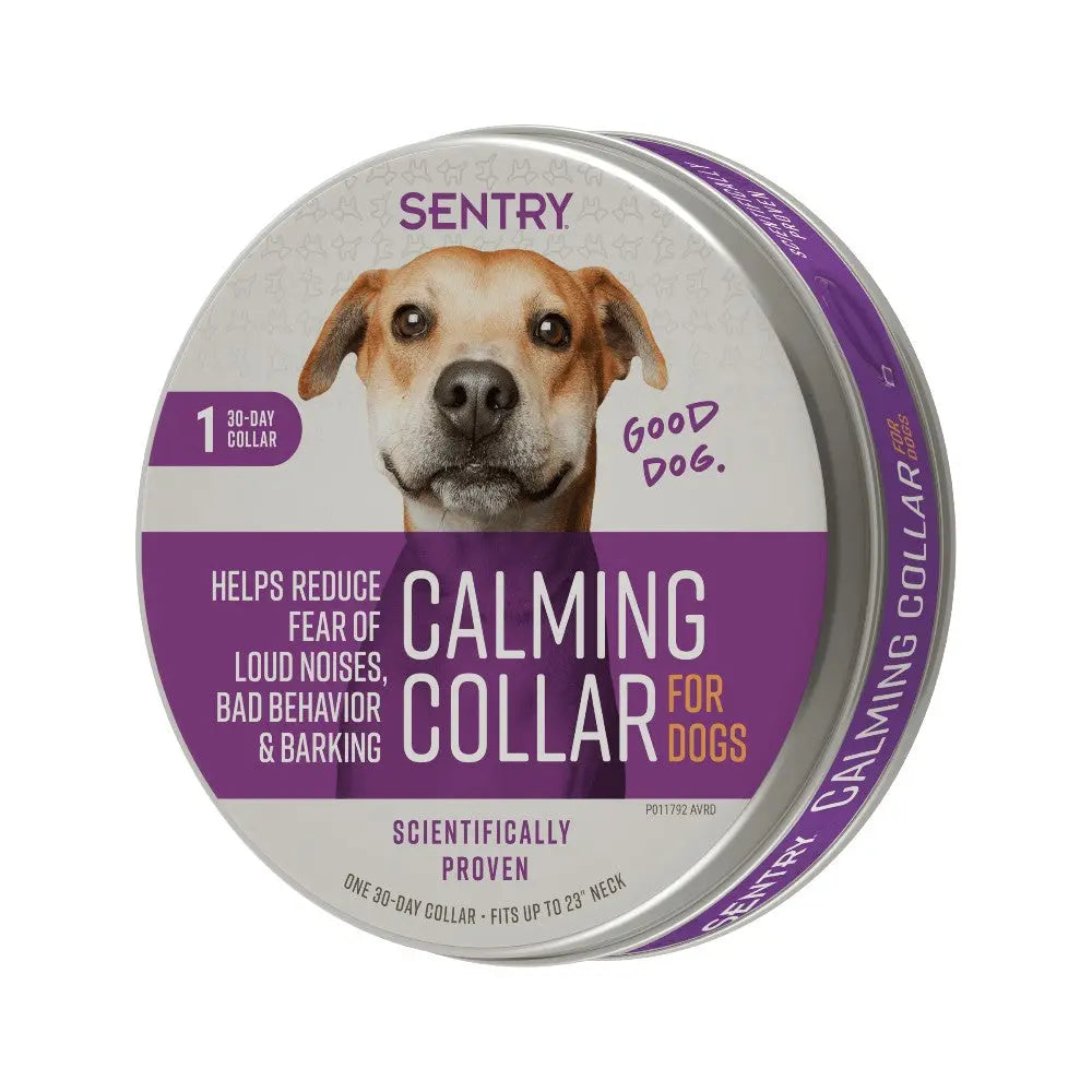 Sentry calming collar for dogs, reduces anxiety from loud noises and bad behavior, fits necks up to 23 inches.