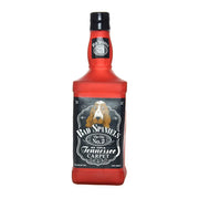 Red bottle of Bad Spaniels whiskey, featuring a playful dog design and vintage label.