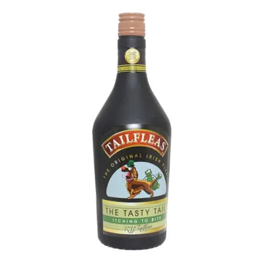 Tailfleas Irish whiskey bottle featuring a playful dog design and vibrant label.