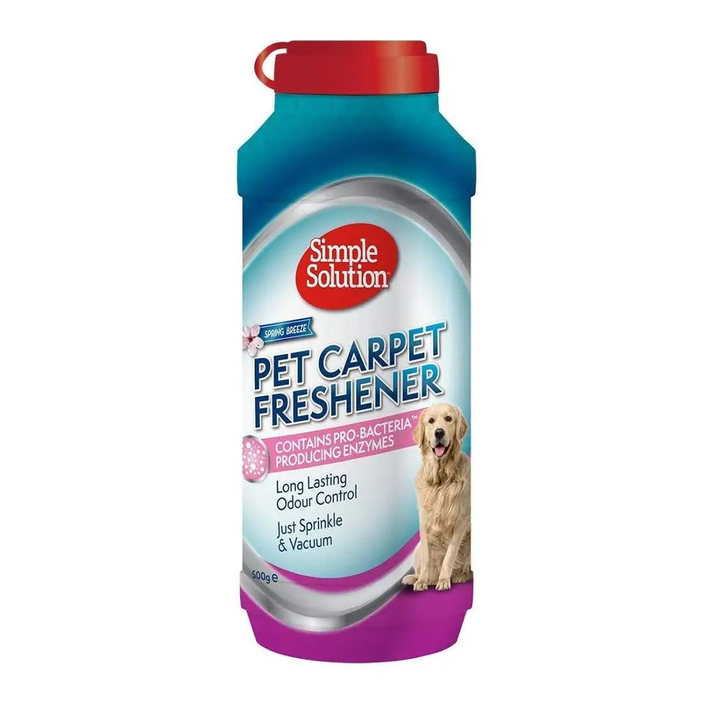 Simple Solution Pet Carpet Freshener for long-lasting odor control, featuring pro-bacteria and enzymes.