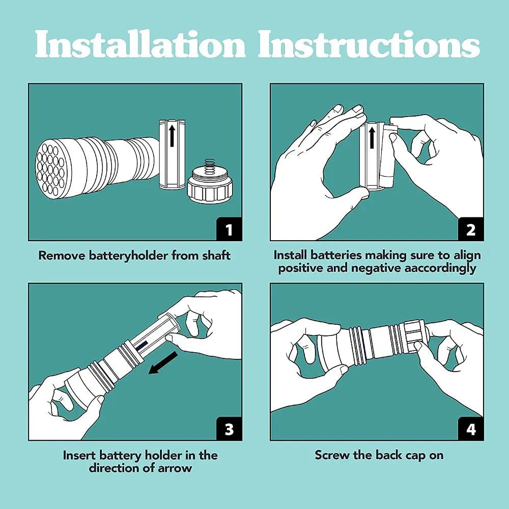 Installation instructions for a flashlight, showing battery placement and assembly steps.