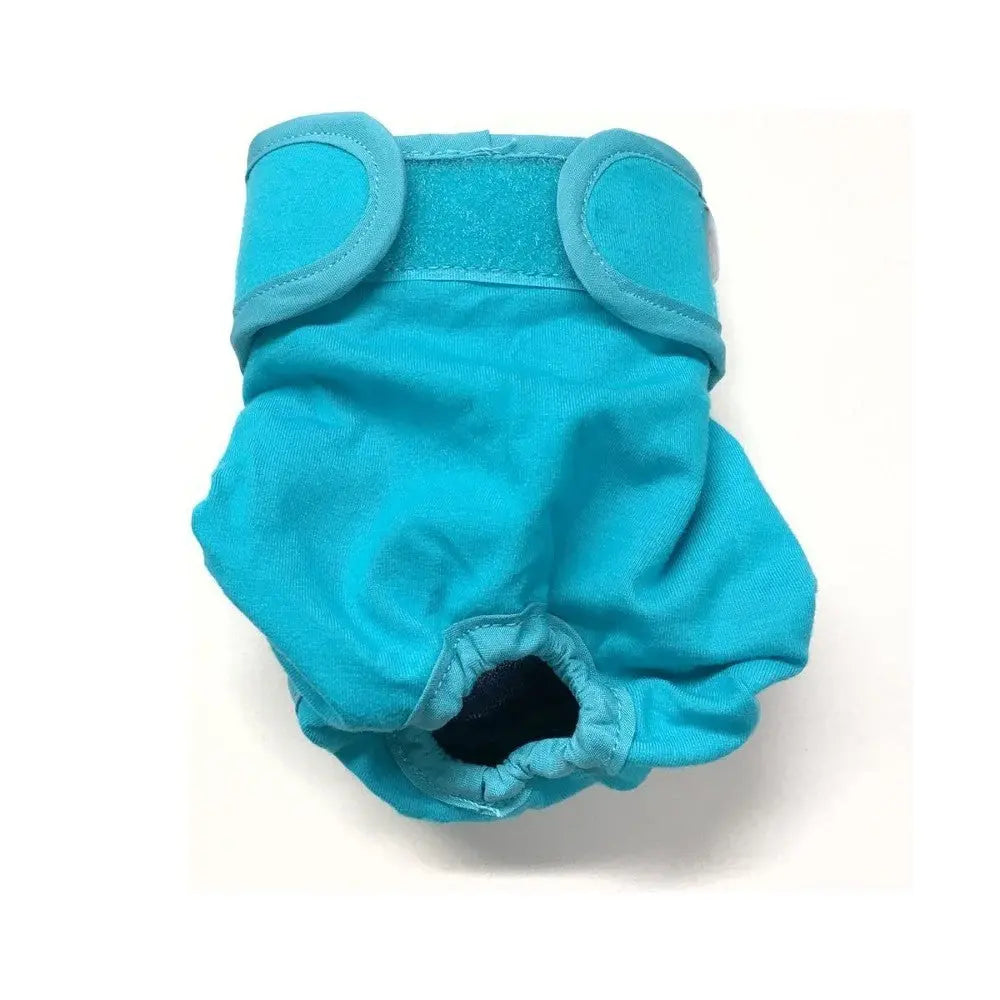 Blue pet diaper with adjustable straps for comfort and secure fit.