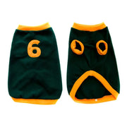 Dog sweater in green and orange with number 6, perfect for keeping pets warm and stylish.