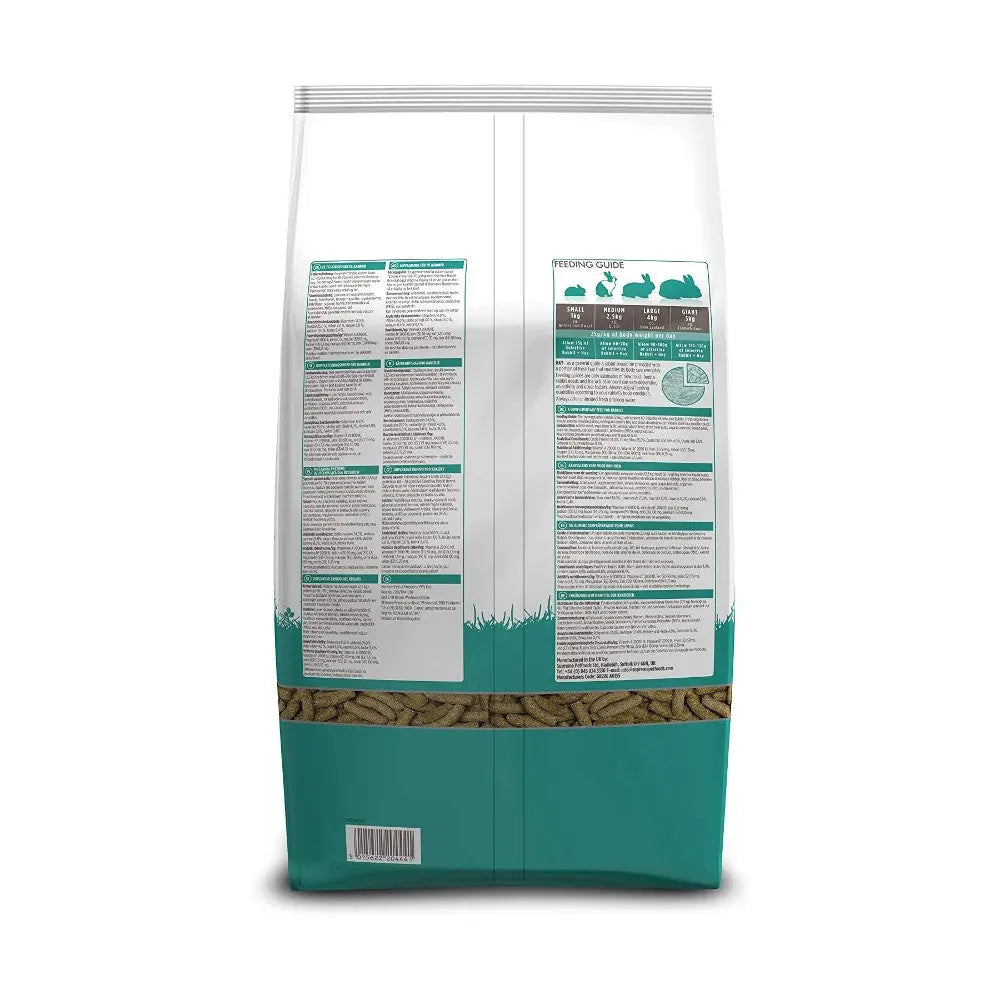 Rabbit food bag with feeding guide, ingredients list, and nutritional information on the back.