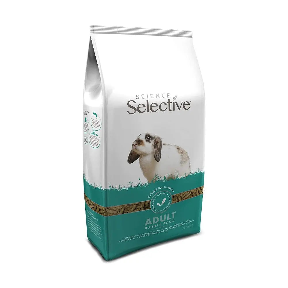 Science Selective adult rabbit food bag with clear packaging and nutritional information for pet care.