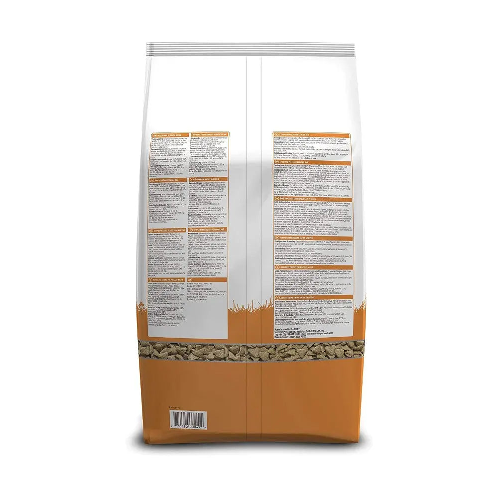 Pet food bag with detailed ingredient list and feeding guide on the back for optimal nutrition.