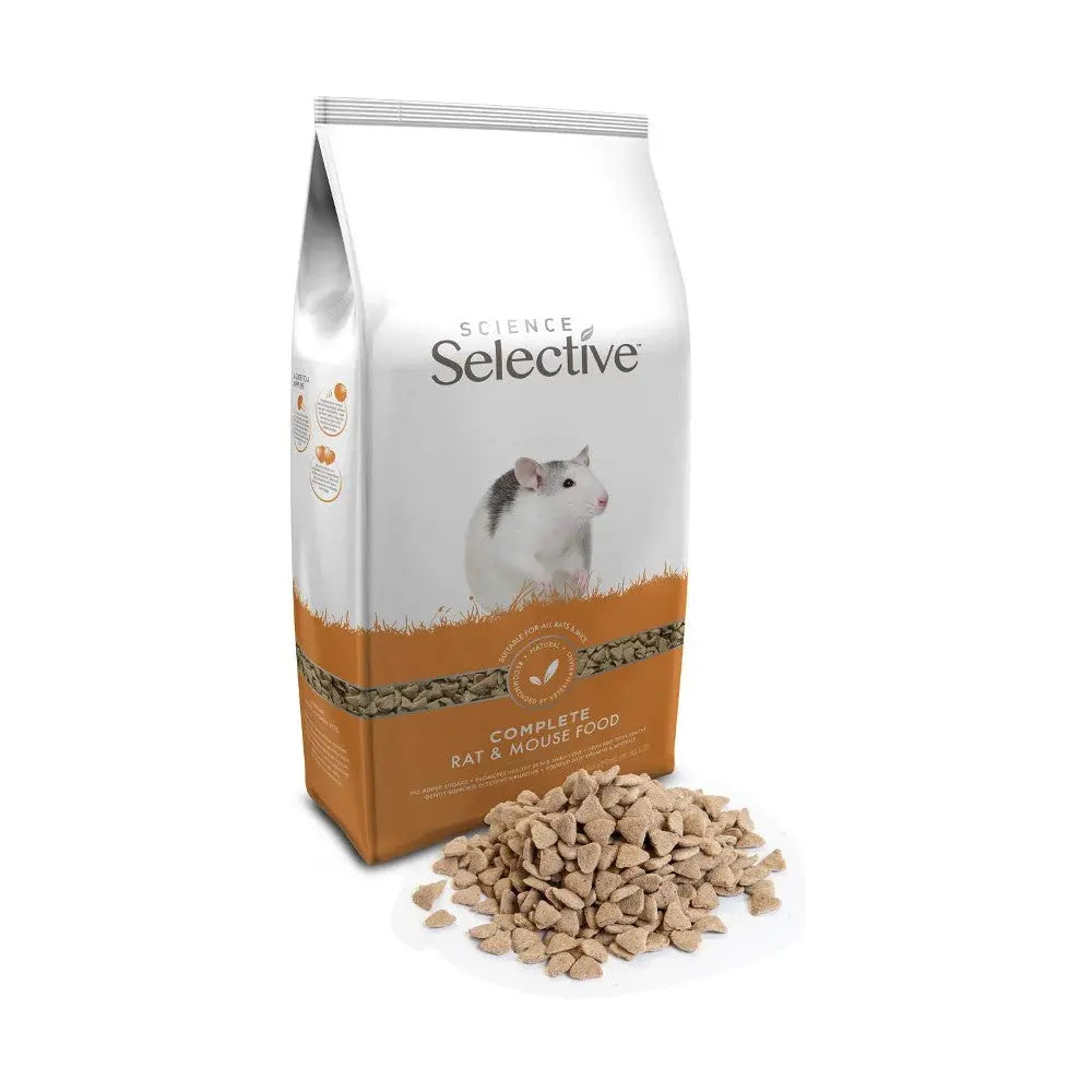 Complete rat and mouse food in a bag with a serving of pellets on the ground.