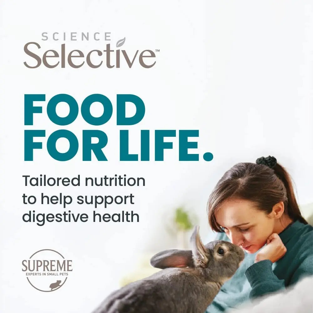 Woman with rabbit, promoting Science Selective food for digestive health and tailored nutrition.