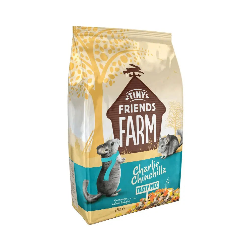 Tiny Friends Farm Charlie Chinchilla Tasty Mix, nutritious pet food packaging for chinchillas.
