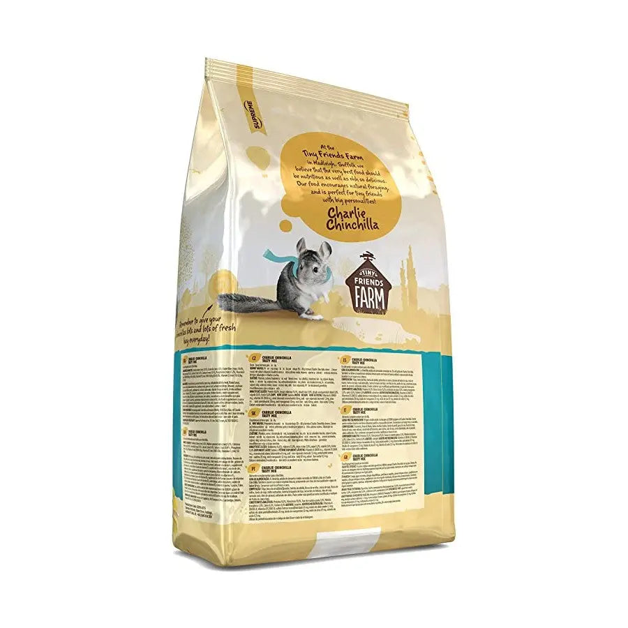 Chinchilla food bag featuring nutritional information and a playful design for pet care.