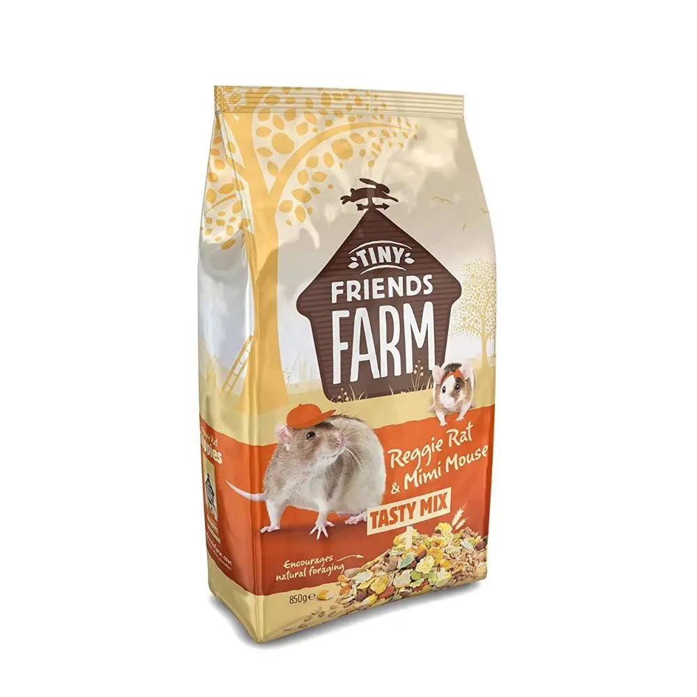 Tiny Friends Farm Reggie Rat & Mini Mouse Tasty Mix, a nutritious blend for small pets.