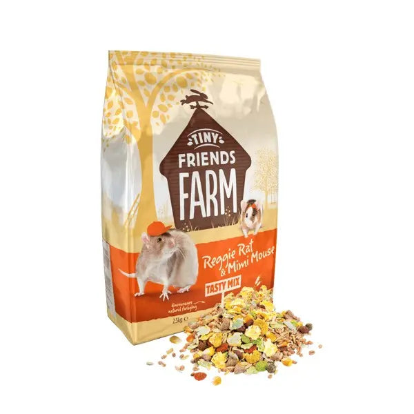 Tasty mix for rats and mice, featuring colorful ingredients in a resealable bag.